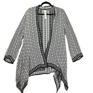 Chicos Cardigan Womens 1 Medium Black White Trim-Detail Jacquard Kimono Long Slv